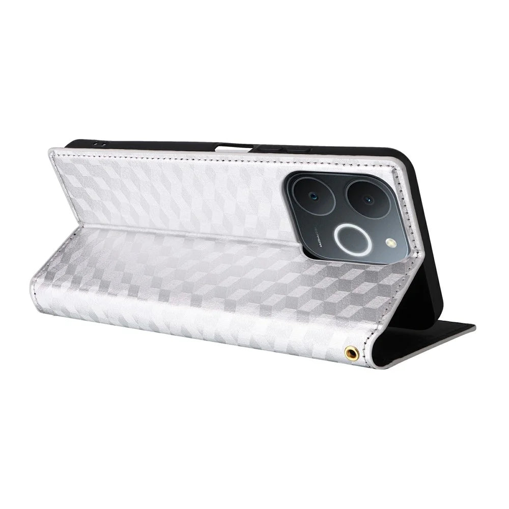 Leather Case for Realme Note 70T 4G / Note 70 4G / Narzo 80 Lite 4G / Realme C71 4G (India) Wallet Rhombus Imprinted Phone Cover - Silver - 5