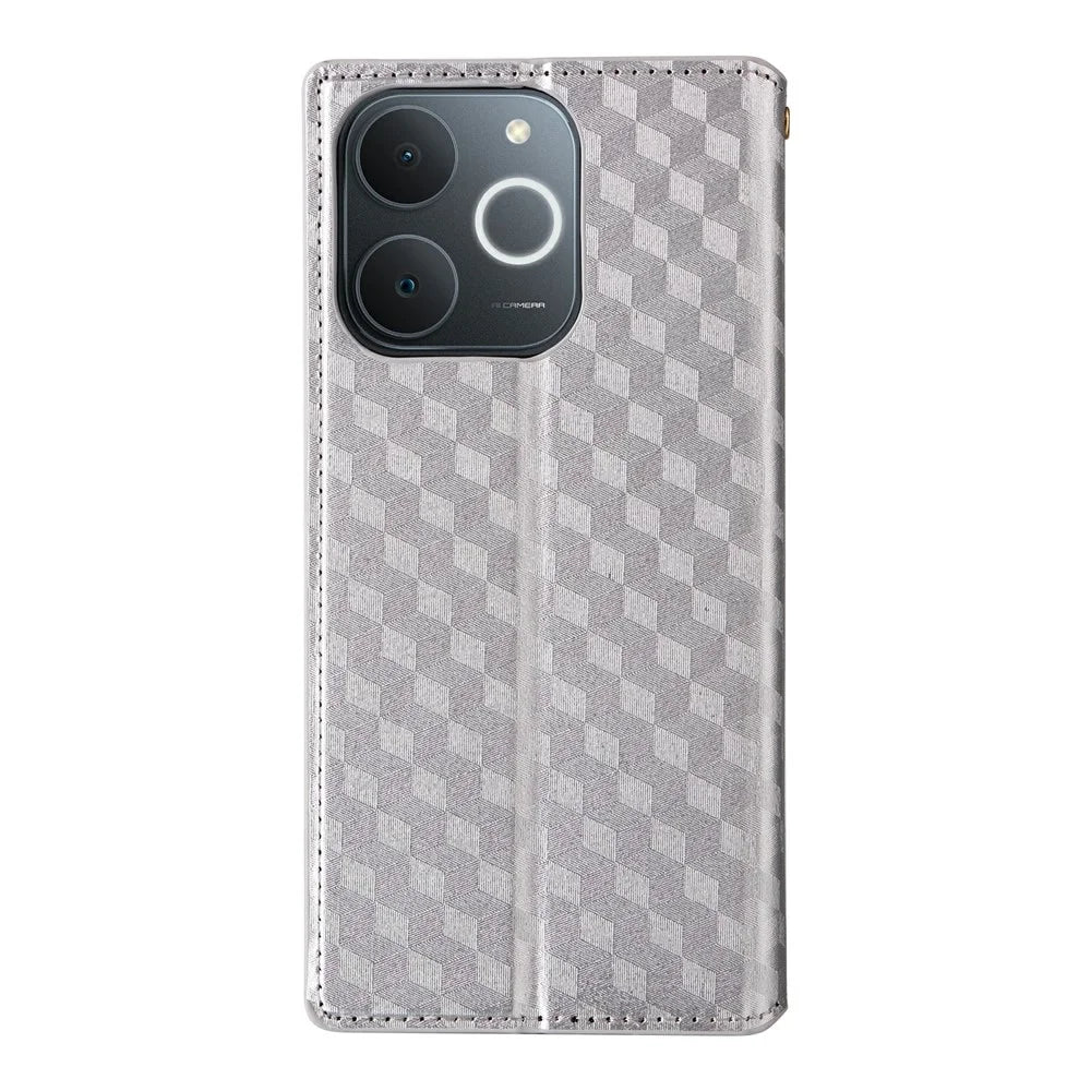 Leather Case for Realme Note 70T 4G / Note 70 4G / Narzo 80 Lite 4G / Realme C71 4G (India) Wallet Rhombus Imprinted Phone Cover - Silver - 7