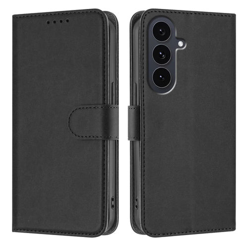 For Samsung Galaxy S25 FE Leather Case Solid Color Phone Cover with Wallet - Black - 1