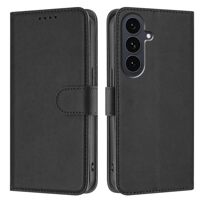 For Samsung Galaxy S25 FE Leather Case Solid Color Phone Cover with Wallet - Black - 1