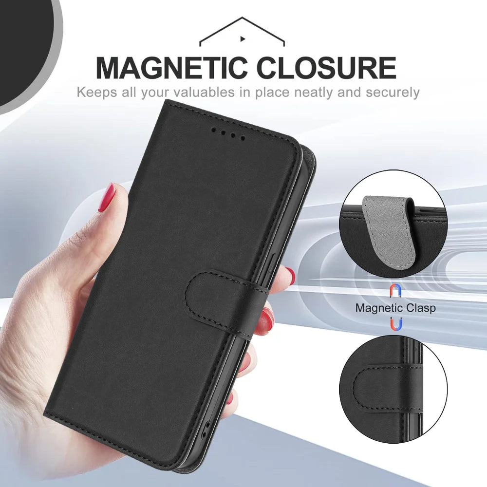 For Samsung Galaxy S24 FE Leather Case Solid Color Phone Cover with Wallet - Black - 5
