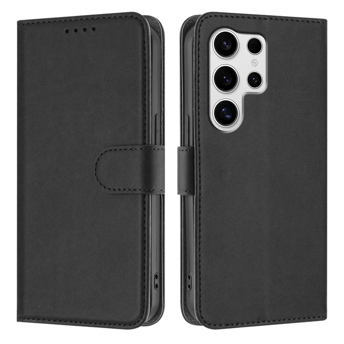 For Samsung Galaxy S25 Ultra Leather Case Solid Color Phone Cover with Wallet - Black - 1