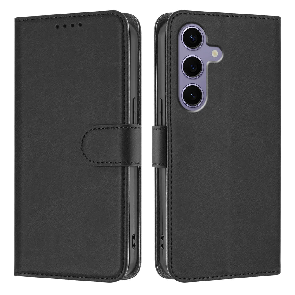 For Samsung Galaxy S25 / Galaxy S24 Leather Case Solid Color Phone Cover with Wallet - Black - 1