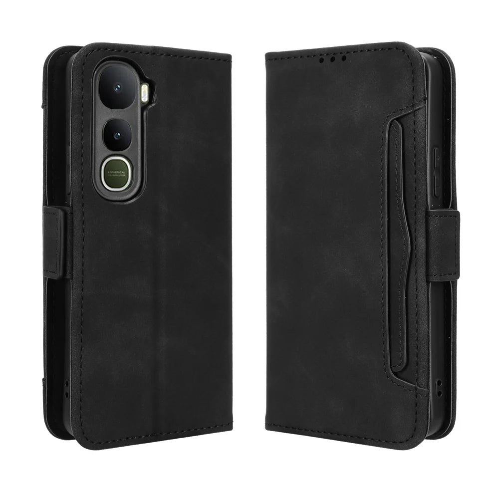 For vivo Y400 4G / vivo Y400 5G Leather Case Phone Wallet Cover with Multiple Card Slots - Black - 1