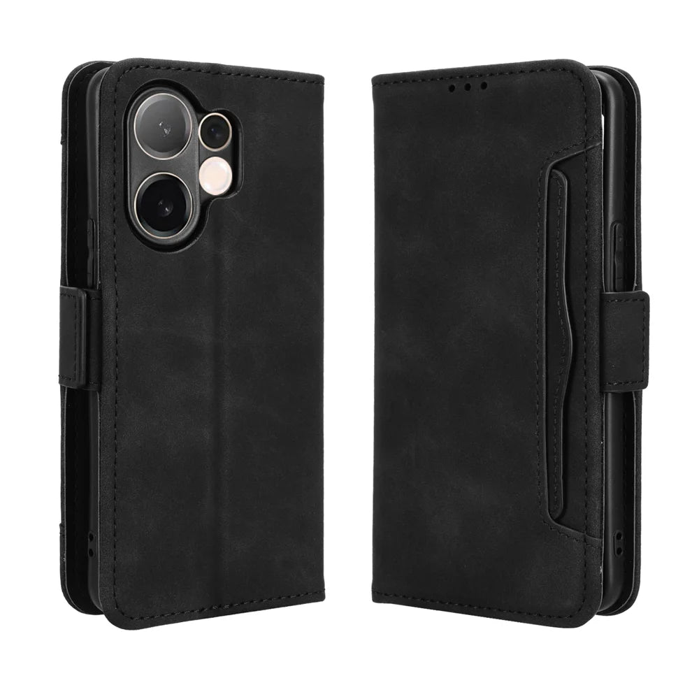 For vivo V60 5G Leather Case Phone Wallet Cover with Multiple Card Slots - Black - 1