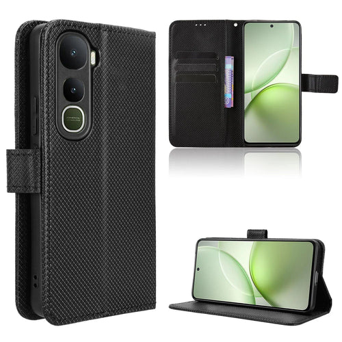 For vivo Y400 5G / vivo Y400 4G Leather Wallet Case with Strap Diamond Texture Phone Cover - Black - 1