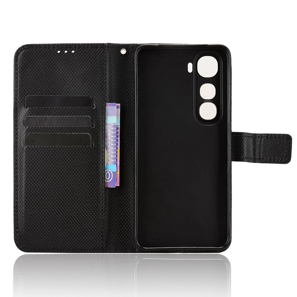 For vivo Y400 5G / vivo Y400 4G Leather Wallet Case with Strap Diamond Texture Phone Cover - Black - 5