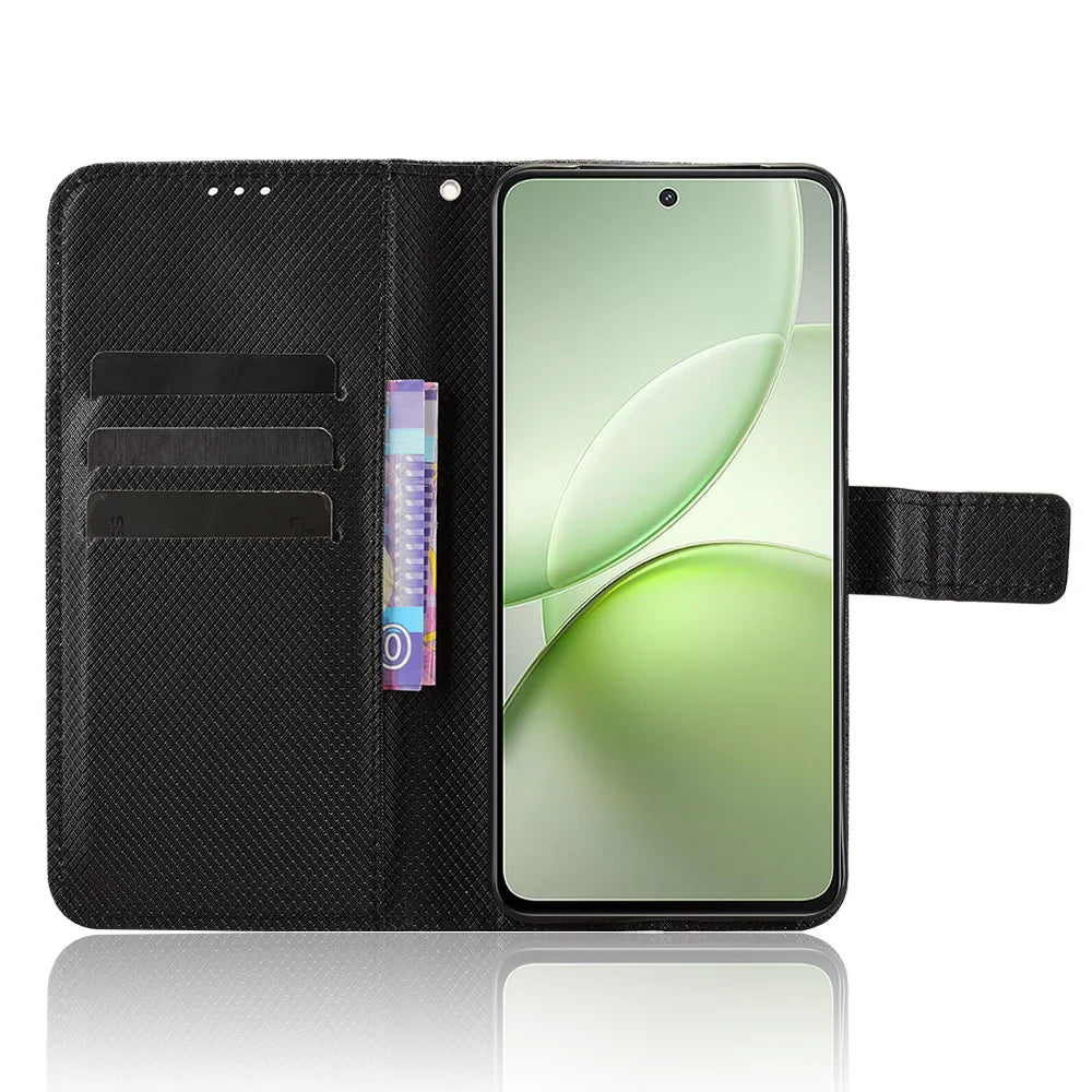 For vivo Y400 5G / vivo Y400 4G Leather Wallet Case with Strap Diamond Texture Phone Cover - Black - 6