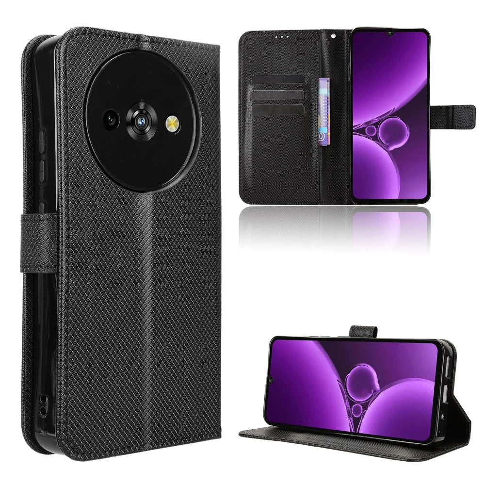 For Oukitel C59 Pro Leather Wallet Case with Strap Diamond Texture Phone Cover - Black - 1