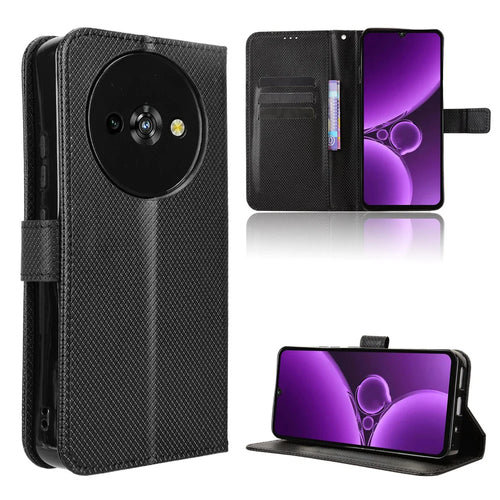 For Oukitel C59 Pro Leather Wallet Case with Strap Diamond Texture Phone Cover - Black - 1