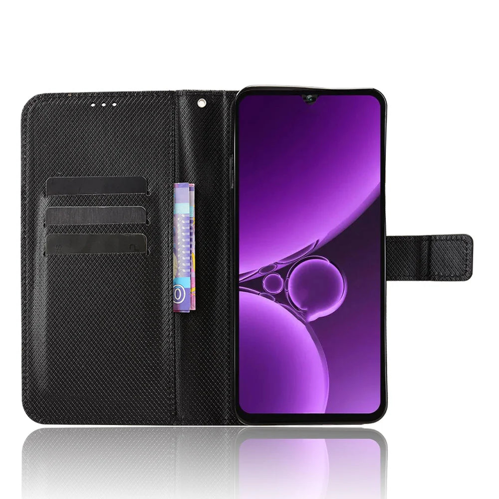 For Oukitel C59 Pro Leather Wallet Case with Strap Diamond Texture Phone Cover - Black - 6