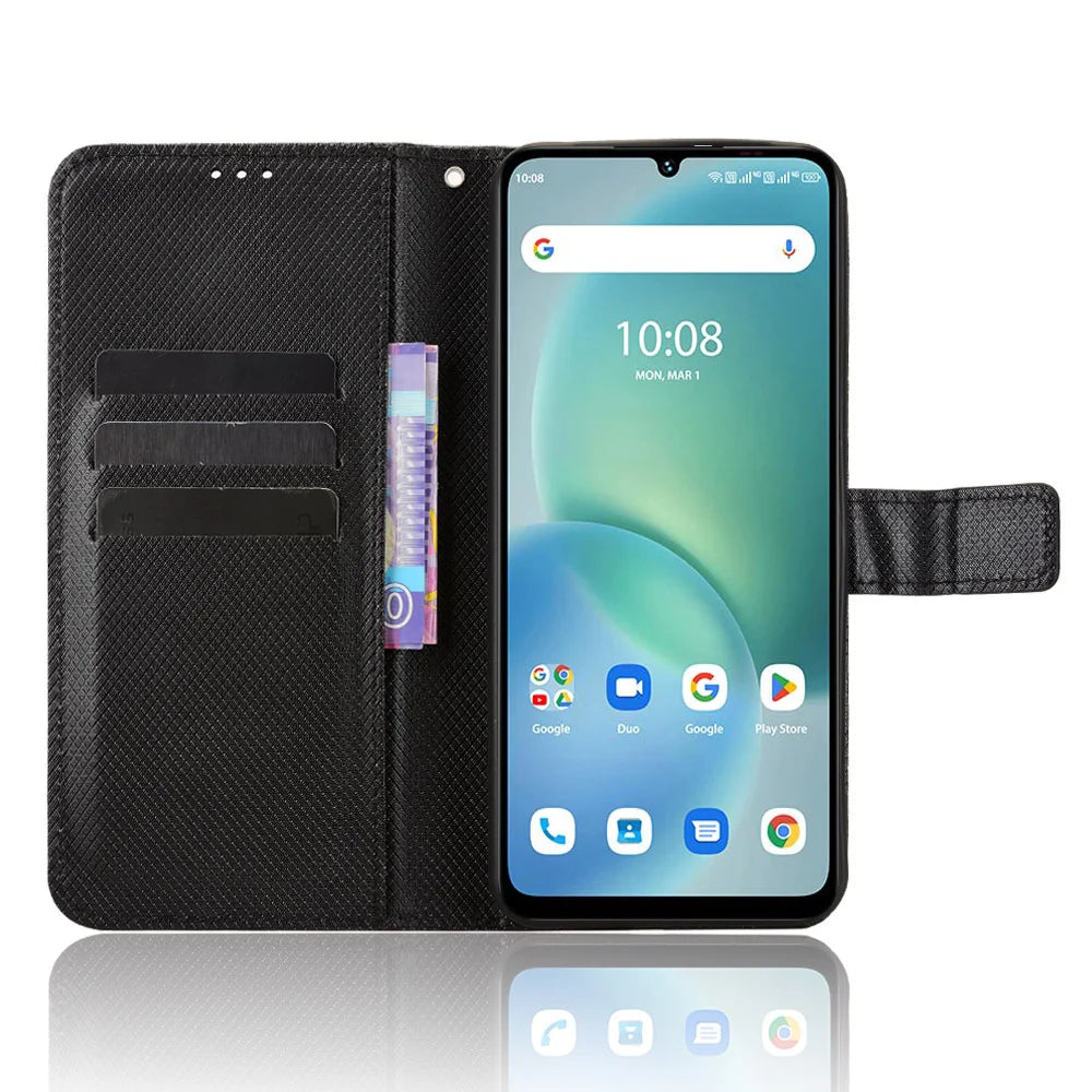 For Umidigi G100x 4G / Umidigi G100x 5G / Umidigi Note 100x 4G / Umidigi Note 100x 5G / Umidigi G9x 4G Leather Wallet Case with Strap Diamond Texture Phone Cover - Black - 6