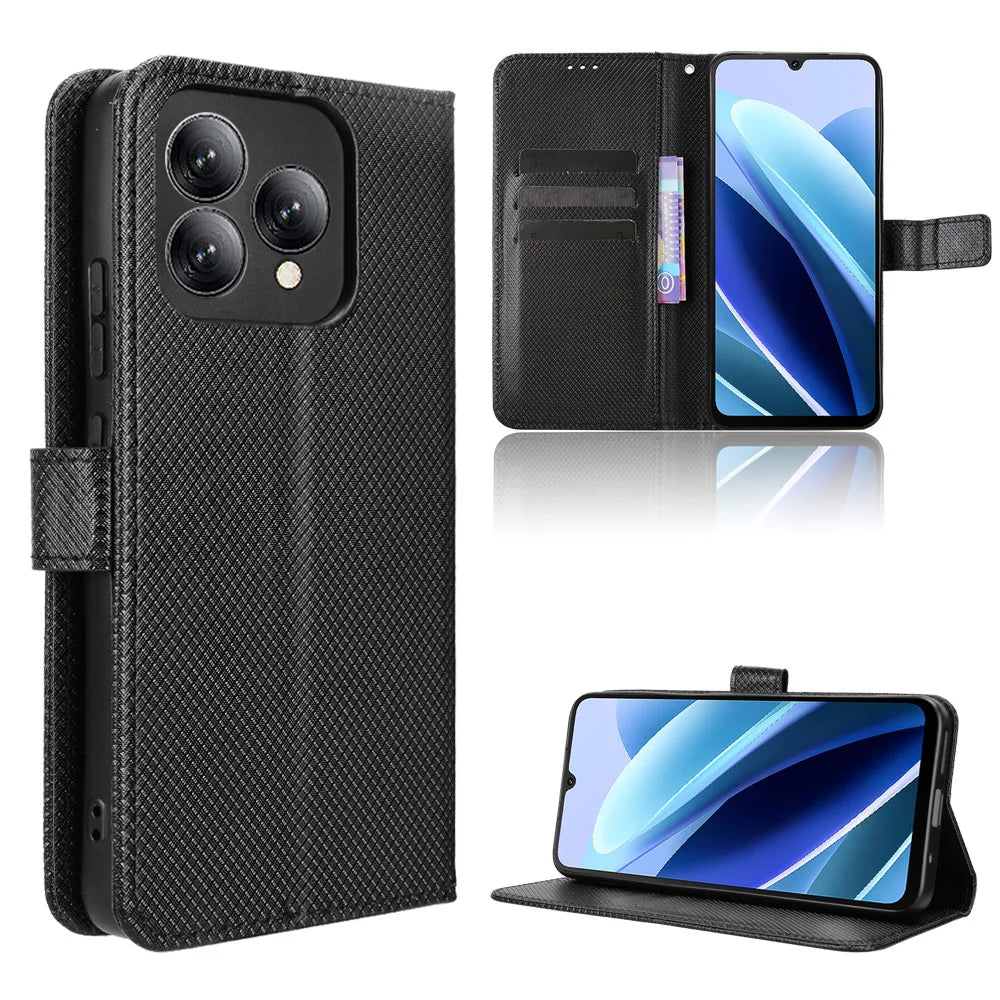 For Cubot A40 Leather Wallet Case with Strap Diamond Texture Phone Cover - Black - 1