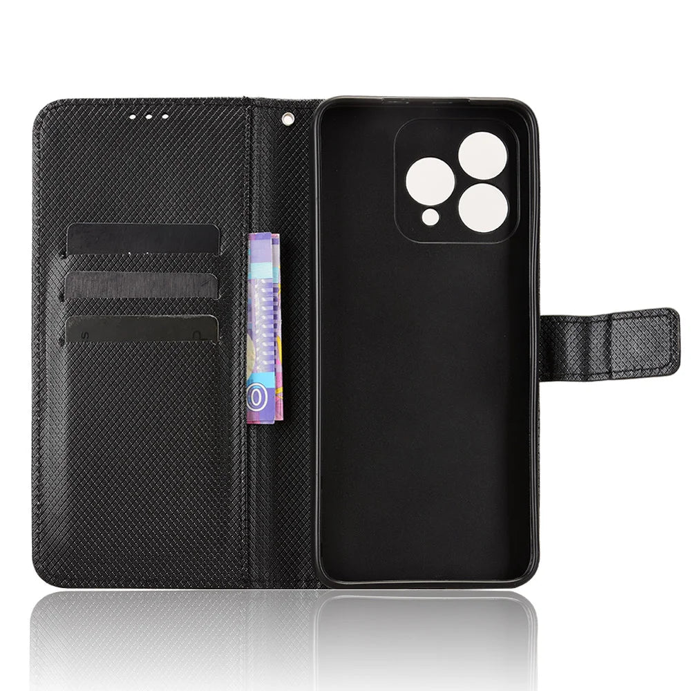 For Cubot A40 Leather Wallet Case with Strap Diamond Texture Phone Cover - Black - 5