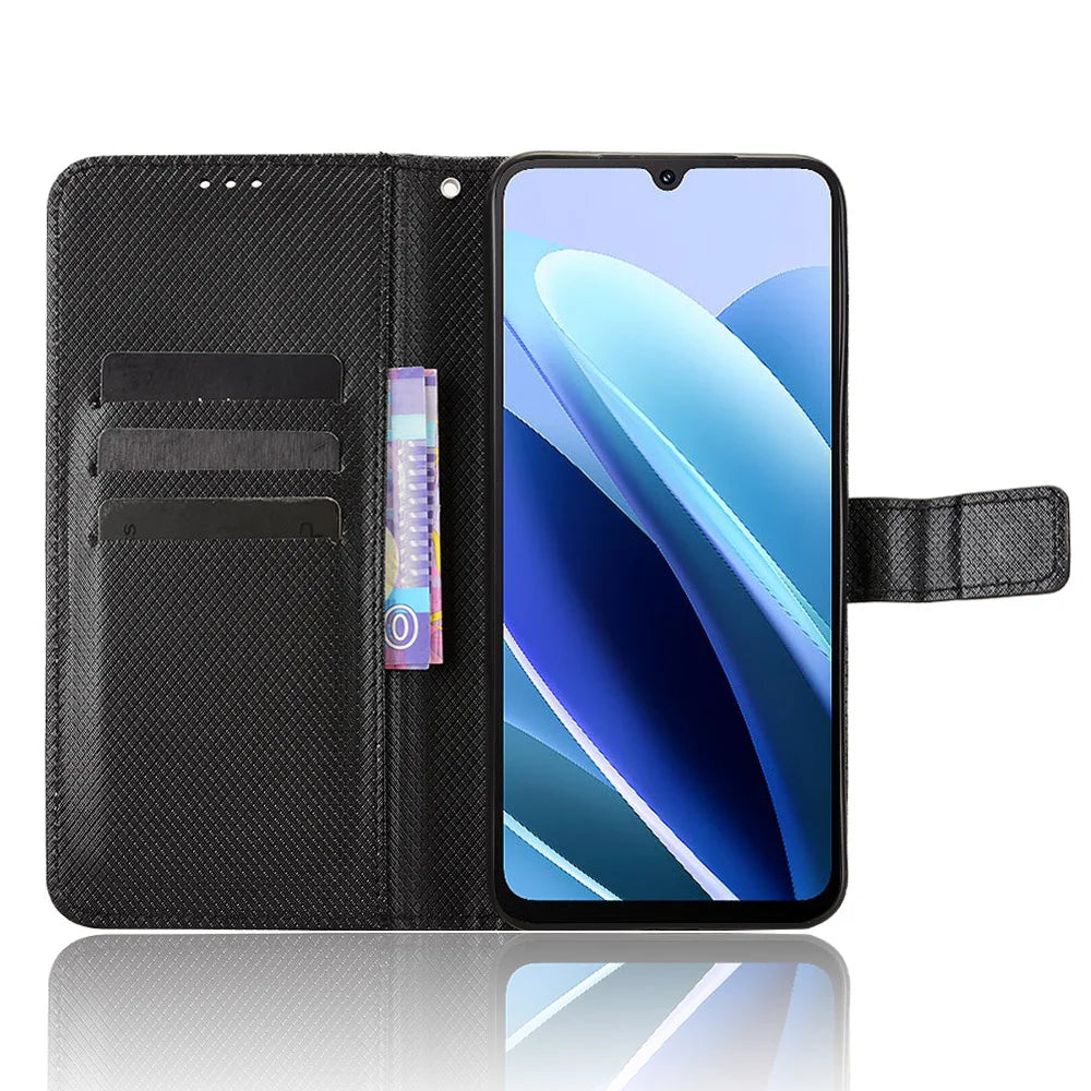 For Cubot A40 Leather Wallet Case with Strap Diamond Texture Phone Cover - Black - 6