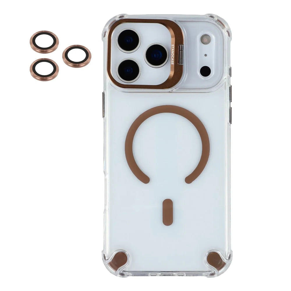 For iPhone 18 Pro / 17 Pro Magnetic Case TPU PC Clear Phone Cover with Lens Frame Kickstand  /  Lens Film - Brown - 1