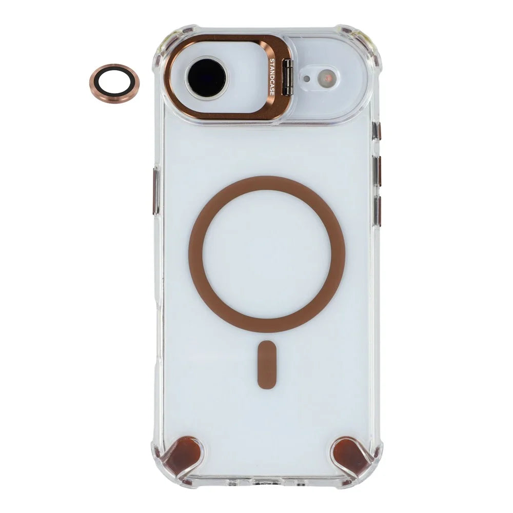 For iPhone Air Magnetic Clear Case Shockproof Hybrid Phone Shell with Camera Lens Frame Kickstand - Brown - 1