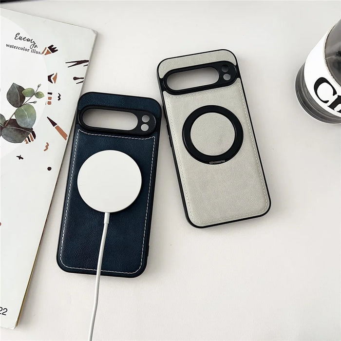 For Google Pixel 9 Pro XL Magnetic Case Calf Texture PU + TPU + PC Kickstand Phone Cover - Blue - 3