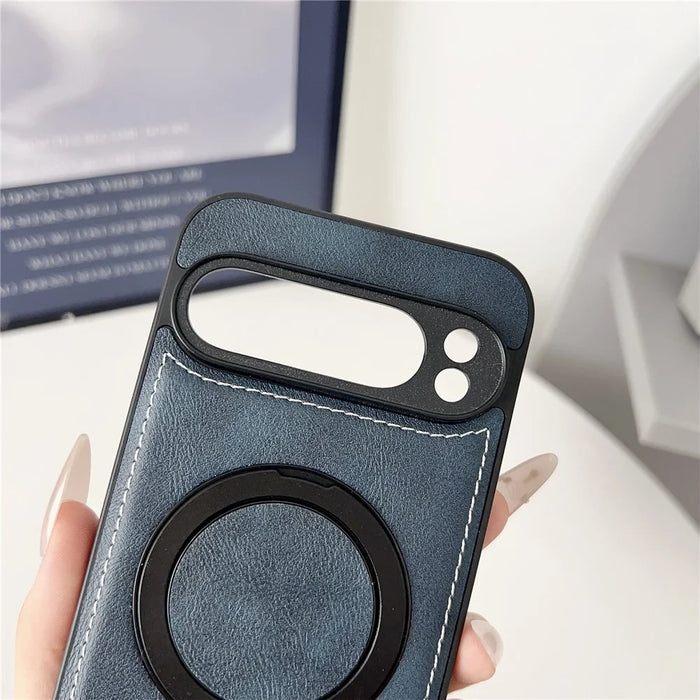 For Google Pixel 9 Pro XL Magnetic Case Calf Texture PU + TPU + PC Kickstand Phone Cover - Blue - 4