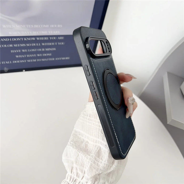 For Google Pixel 9 Pro XL Magnetic Case Calf Texture PU + TPU + PC Kickstand Phone Cover - Blue - 5
