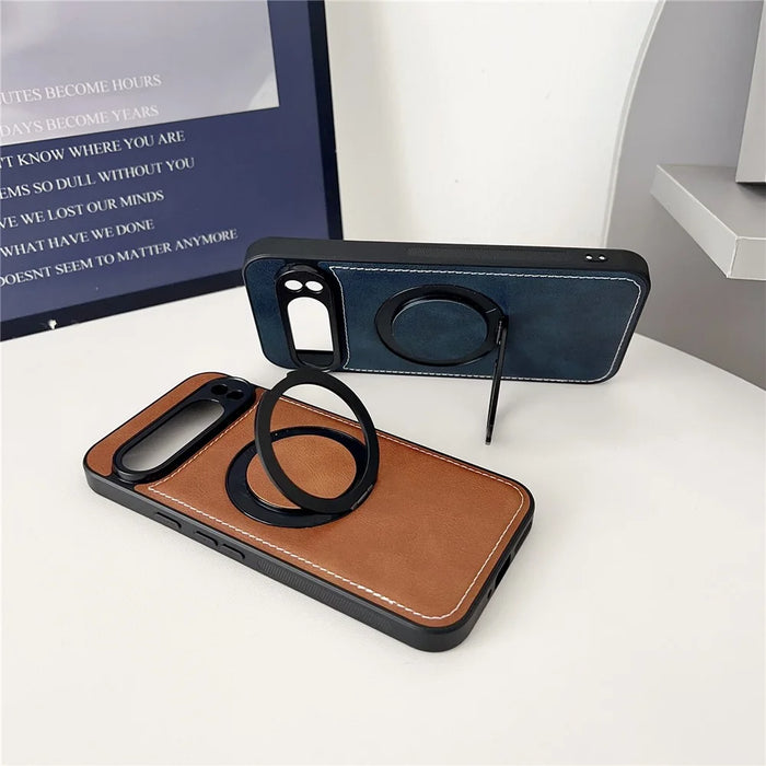 For Google Pixel 9 Pro XL Magnetic Case Calf Texture PU + TPU + PC Kickstand Phone Cover - Blue - 7