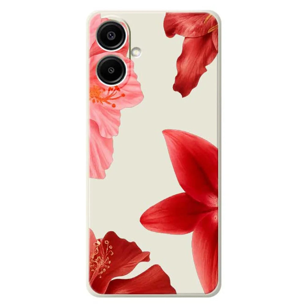 For Samsung Galaxy A08 5G / A08 4G / A07 5G / A07 4G Case Red Flower Pattern Printing Straight Edge TPU Phone Back Cover - Beige - 1