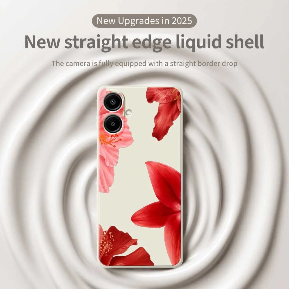 For Samsung Galaxy A08 5G / A08 4G / A07 5G / A07 4G Case Red Flower Pattern Printing Straight Edge TPU Phone Back Cover - Beige - 3