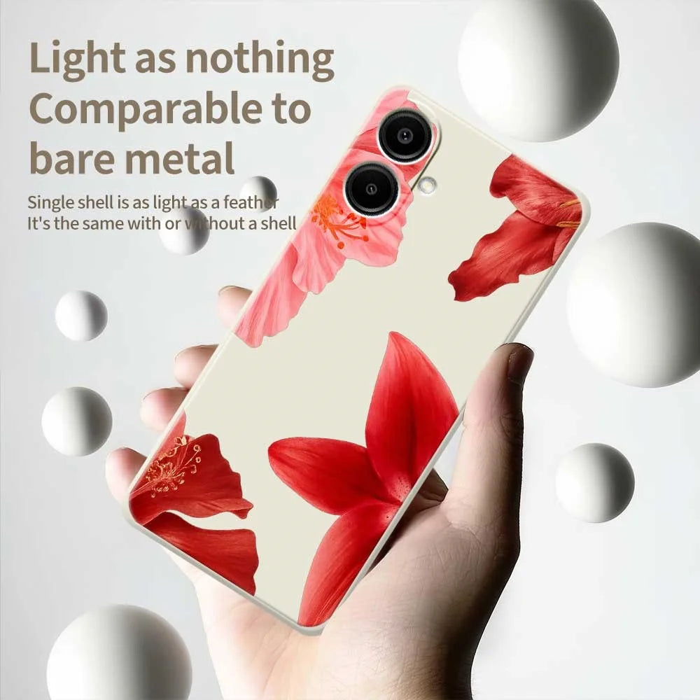 For Samsung Galaxy A08 5G / A08 4G / A07 5G / A07 4G Case Red Flower Pattern Printing Straight Edge TPU Phone Back Cover - Beige - 4