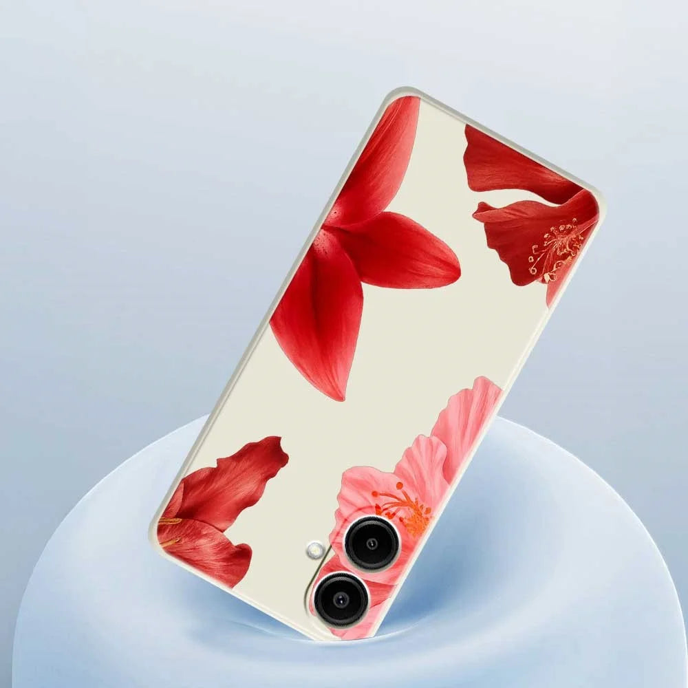 For Samsung Galaxy A08 5G / A08 4G / A07 5G / A07 4G Case Red Flower Pattern Printing Straight Edge TPU Phone Back Cover - Beige - 5