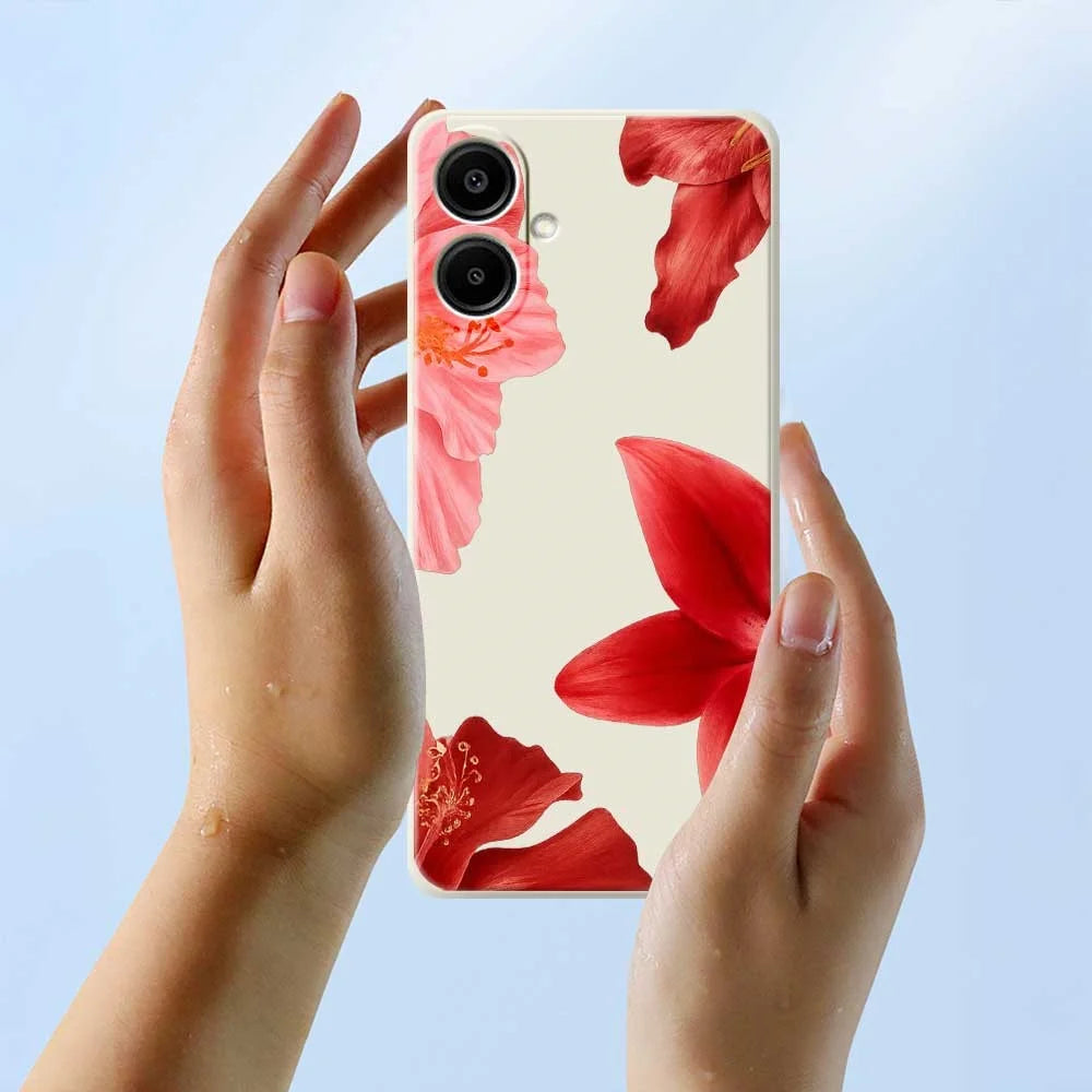 For Samsung Galaxy A08 5G / A08 4G / A07 5G / A07 4G Case Red Flower Pattern Printing Straight Edge TPU Phone Back Cover - Beige - 6