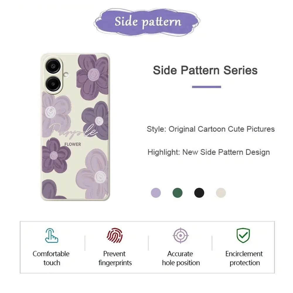 For Samsung Galaxy A08 5G / A08 4G / A07 5G / A07 4G Case Purple Flower Pattern Printing Straight Edge TPU Phone Back Cover - Beige - 2