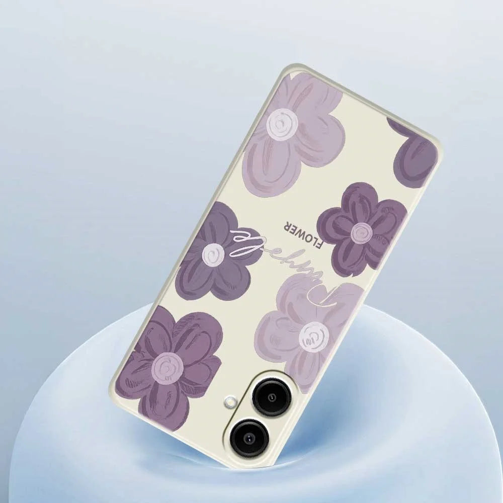 For Samsung Galaxy A08 5G / A08 4G / A07 5G / A07 4G Case Purple Flower Pattern Printing Straight Edge TPU Phone Back Cover - Beige - 5