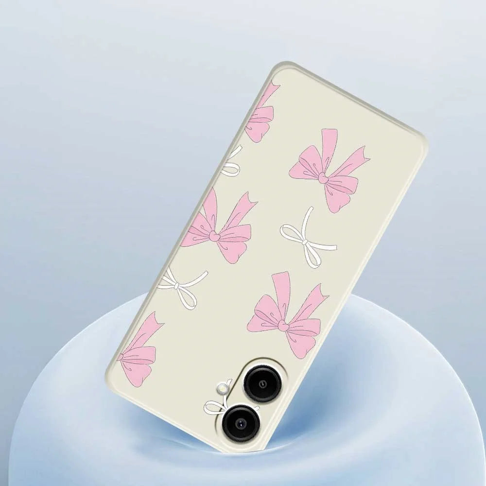 For Samsung Galaxy A08 5G / A08 4G / A07 5G / A07 4G Case Pink Bows Pattern Printing Straight Edge TPU Phone Back Cover - Beige - 5