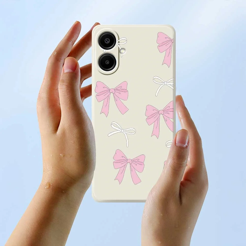 For Samsung Galaxy A08 5G / A08 4G / A07 5G / A07 4G Case Pink Bows Pattern Printing Straight Edge TPU Phone Back Cover - Beige - 6