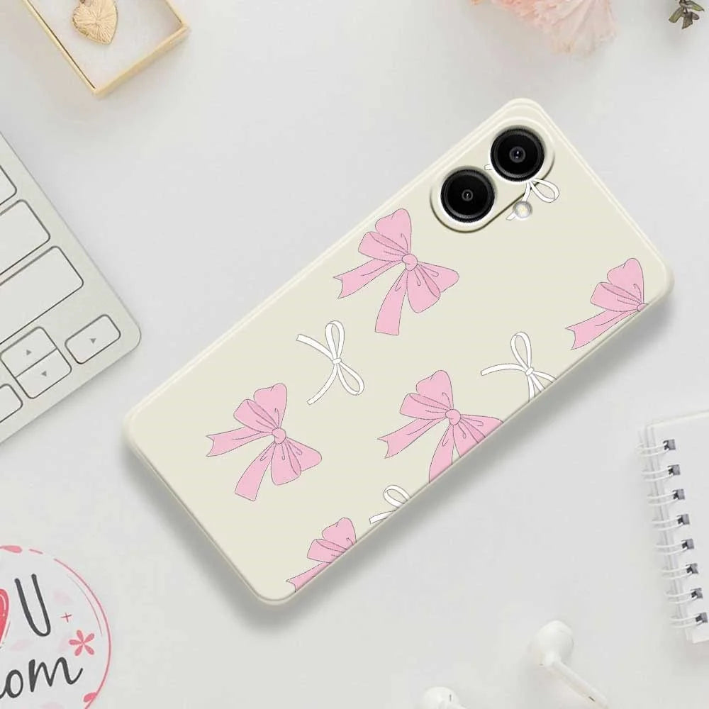 For Samsung Galaxy A08 5G / A08 4G / A07 5G / A07 4G Case Pink Bows Pattern Printing Straight Edge TPU Phone Back Cover - Beige - 7