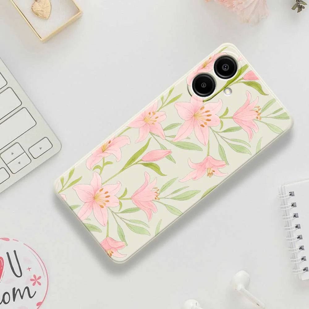 For Samsung Galaxy A08 5G / A08 4G / A07 5G / A07 4G Case Pink Lilies Pattern Printing Straight Edge TPU Phone Back Cover - Beige - 7