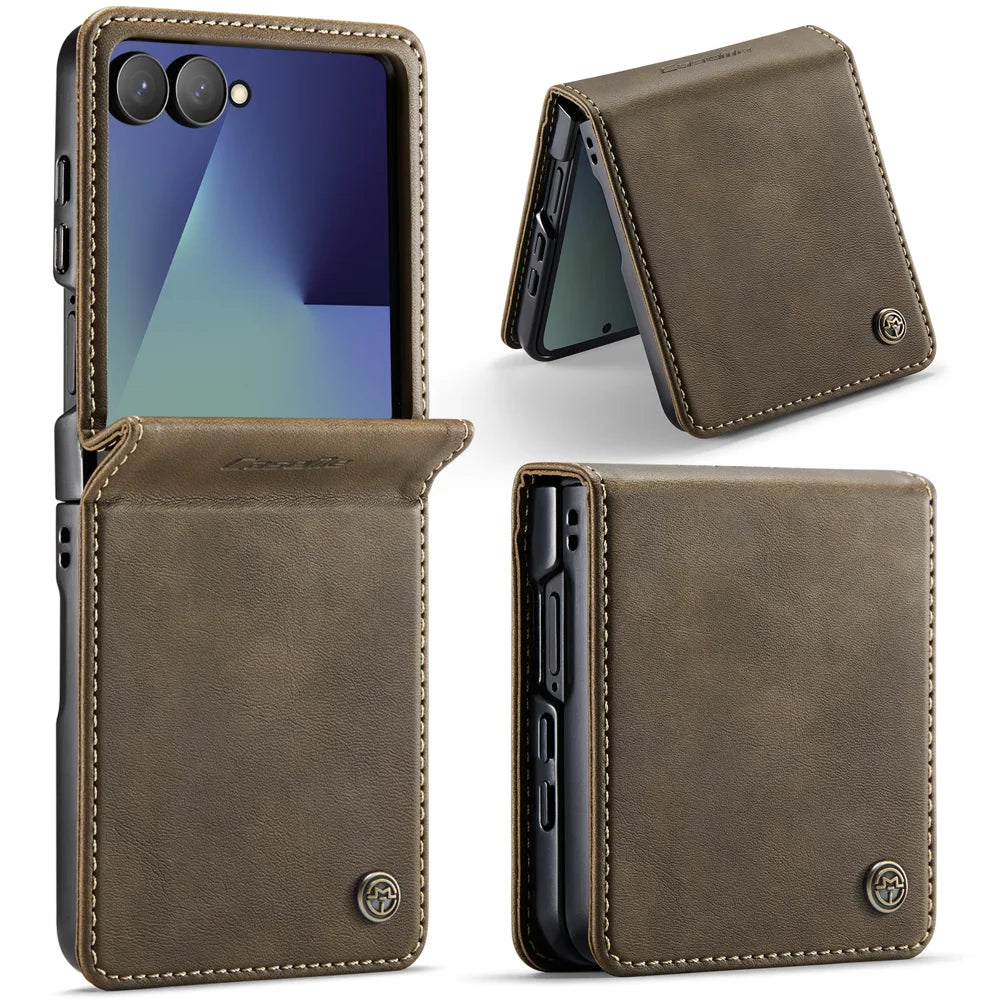 CASEME For Samsung Galaxy Z Flip7 5G Case  033 Series RFID Blocking Wallet Stand Calf Texture Leather Phone Cover - Coffee - 1