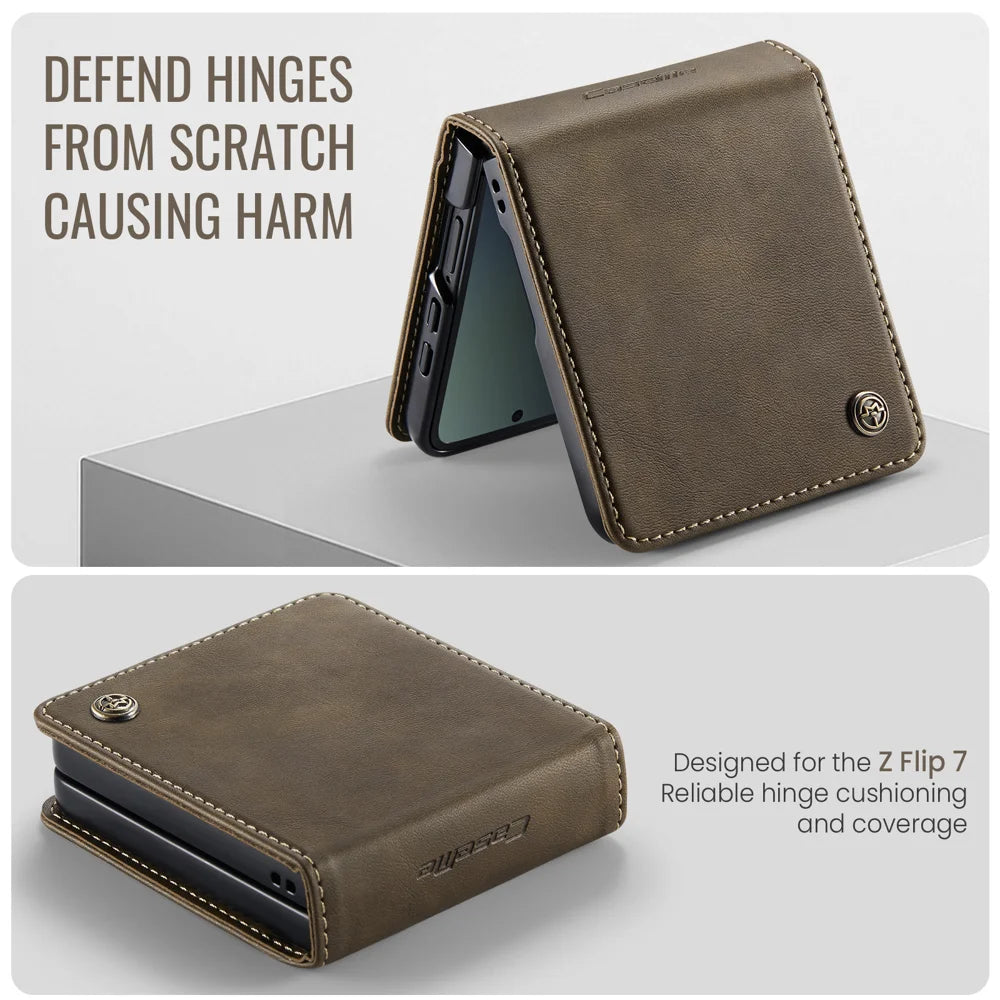 CASEME For Samsung Galaxy Z Flip7 5G Case  033 Series RFID Blocking Wallet Stand Calf Texture Leather Phone Cover - Coffee - 3