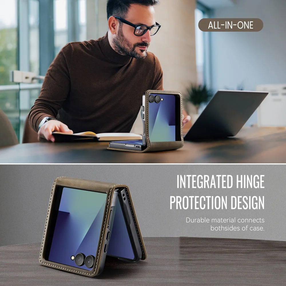 CASEME For Samsung Galaxy Z Flip7 5G Case  033 Series RFID Blocking Wallet Stand Calf Texture Leather Phone Cover - Coffee - 5