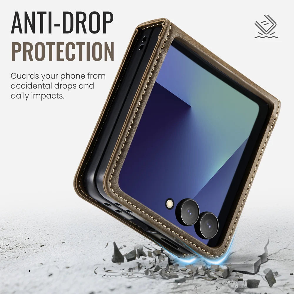 CASEME For Samsung Galaxy Z Flip7 5G Case  033 Series RFID Blocking Wallet Stand Calf Texture Leather Phone Cover - Coffee - 6