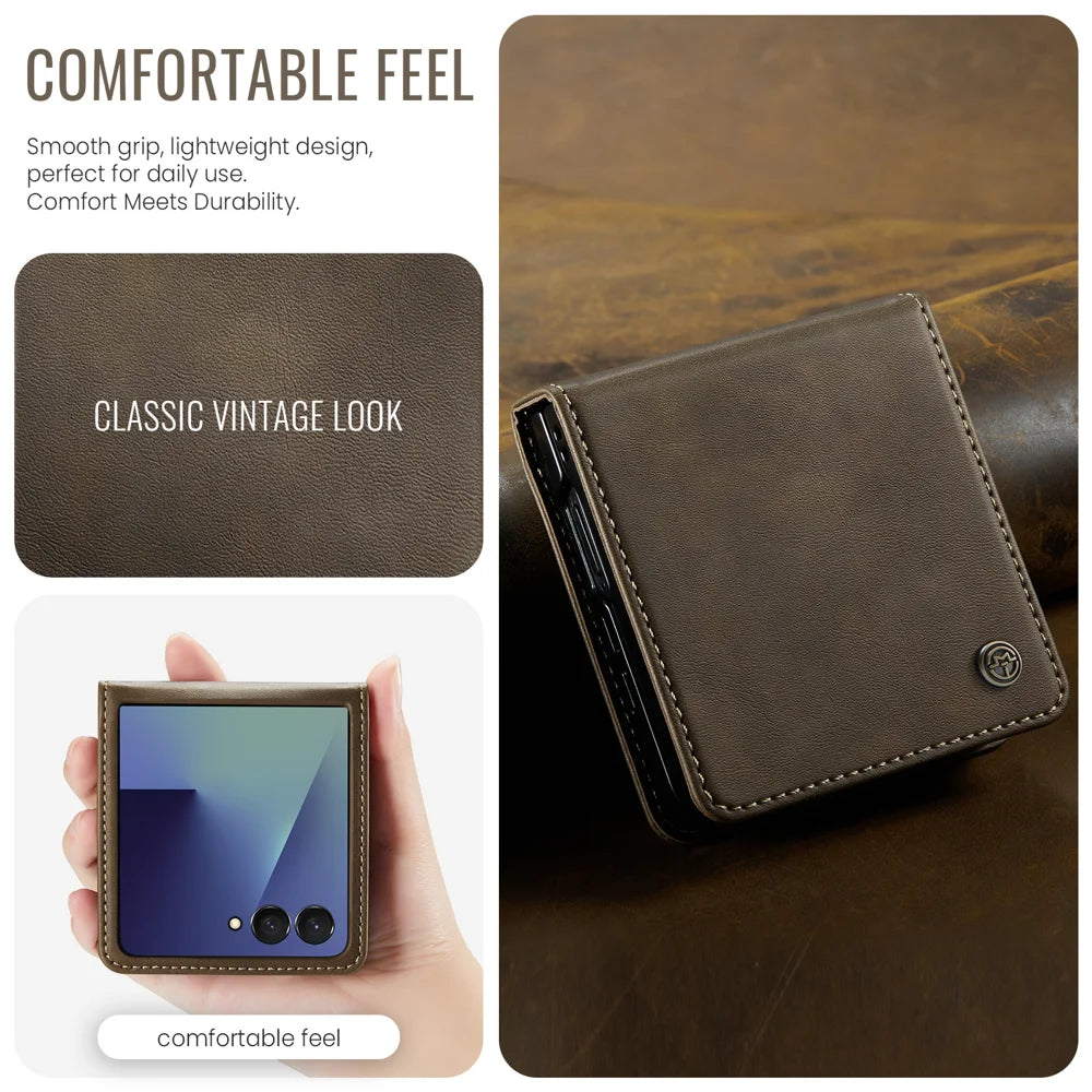 CASEME For Samsung Galaxy Z Flip7 5G Case  033 Series RFID Blocking Wallet Stand Calf Texture Leather Phone Cover - Coffee - 7
