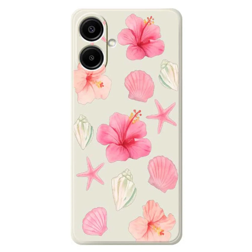 For Samsung Galaxy A08 5G / A08 4G / A07 5G / A07 4G Case Peach Blossoms Shells Pattern Printing Straight Edge TPU Phone Back Cover - Beige - 1