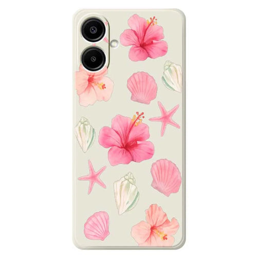 For Samsung Galaxy A08 5G / A08 4G / A07 5G / A07 4G Case Peach Blossoms Shells Pattern Printing Straight Edge TPU Phone Back Cover - Beige - 1