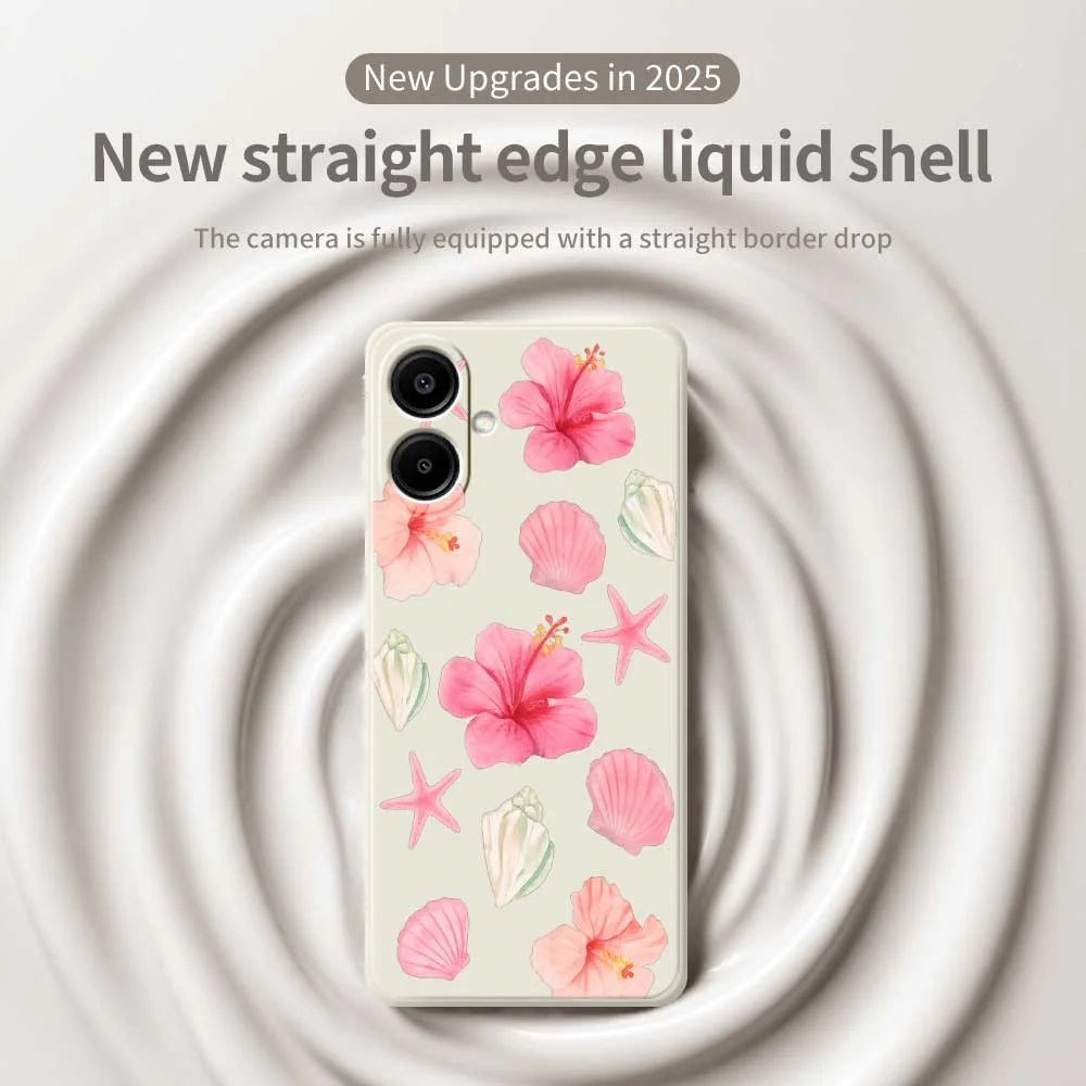 For Samsung Galaxy A08 5G / A08 4G / A07 5G / A07 4G Case Peach Blossoms Shells Pattern Printing Straight Edge TPU Phone Back Cover - Beige - 3