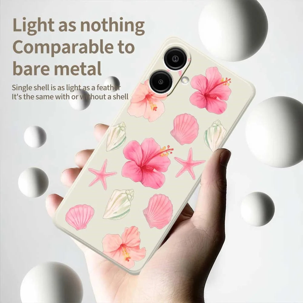 For Samsung Galaxy A08 5G / A08 4G / A07 5G / A07 4G Case Peach Blossoms Shells Pattern Printing Straight Edge TPU Phone Back Cover - Beige - 4
