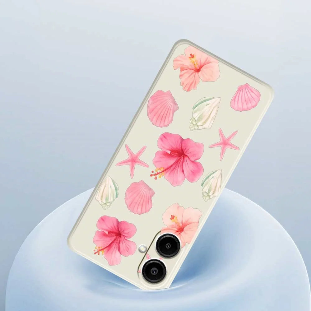 For Samsung Galaxy A08 5G / A08 4G / A07 5G / A07 4G Case Peach Blossoms Shells Pattern Printing Straight Edge TPU Phone Back Cover - Beige - 5