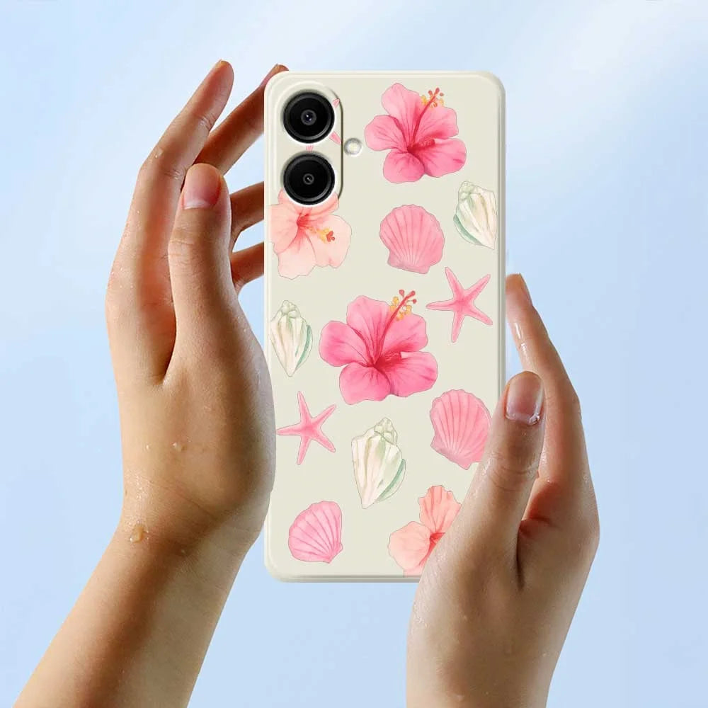 For Samsung Galaxy A08 5G / A08 4G / A07 5G / A07 4G Case Peach Blossoms Shells Pattern Printing Straight Edge TPU Phone Back Cover - Beige - 6