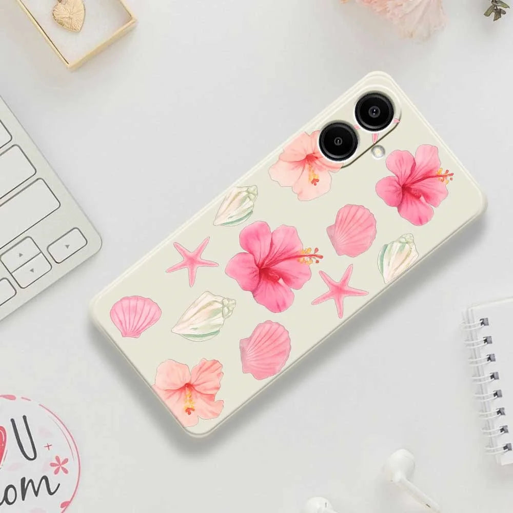 For Samsung Galaxy A08 5G / A08 4G / A07 5G / A07 4G Case Peach Blossoms Shells Pattern Printing Straight Edge TPU Phone Back Cover - Beige - 7