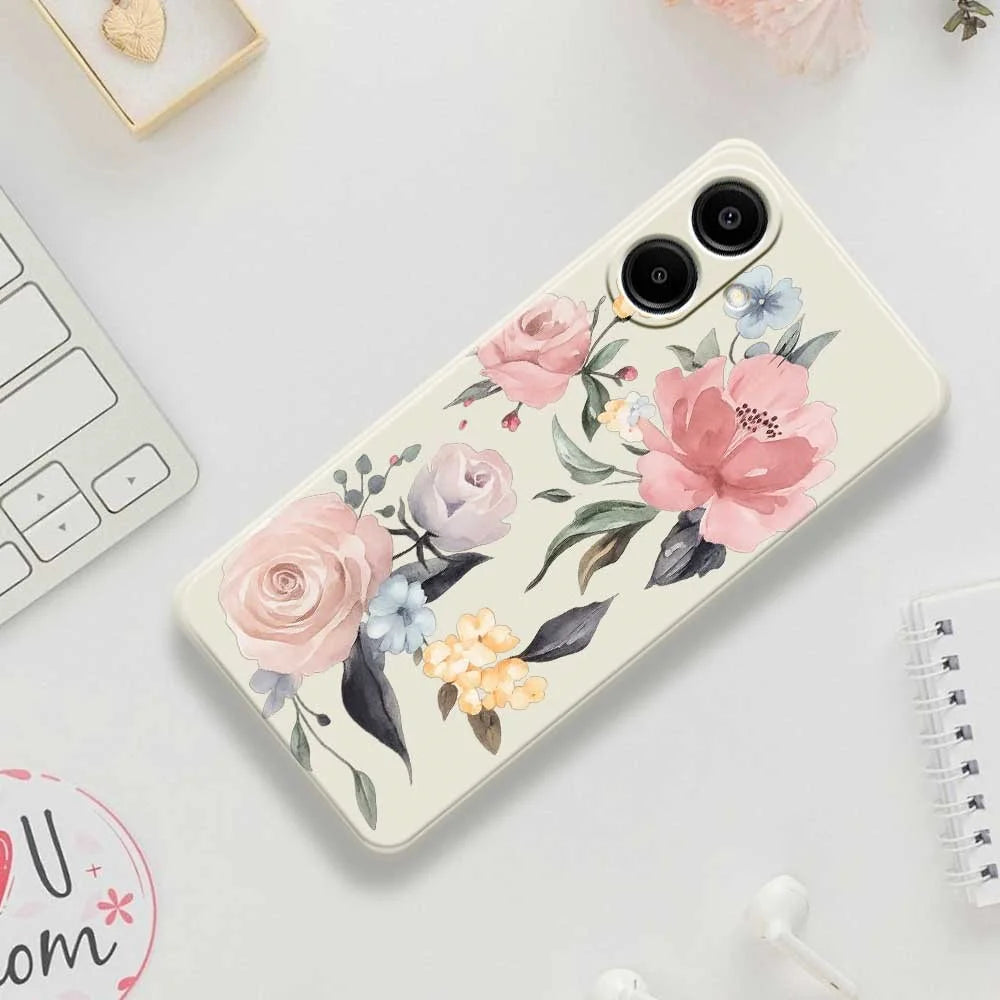 For Samsung Galaxy A08 5G / A08 4G / A07 5G / A07 4G Case Big Flowers Pattern Printing Straight Edge TPU Phone Back Cover - Beige - 7
