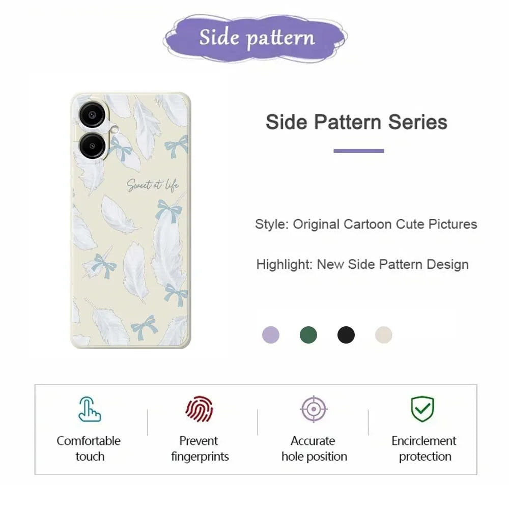 For Samsung Galaxy A08 5G / A08 4G / A07 5G / A07 4G Case White Feathers Pattern Printing Straight Edge TPU Phone Back Cover - Beige - 2